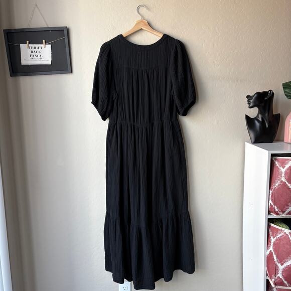Xirena Dress Lennox Black Gauze Button Front Short Sleeve Tiered Midi Dress Sz M - Picture 7 of 9